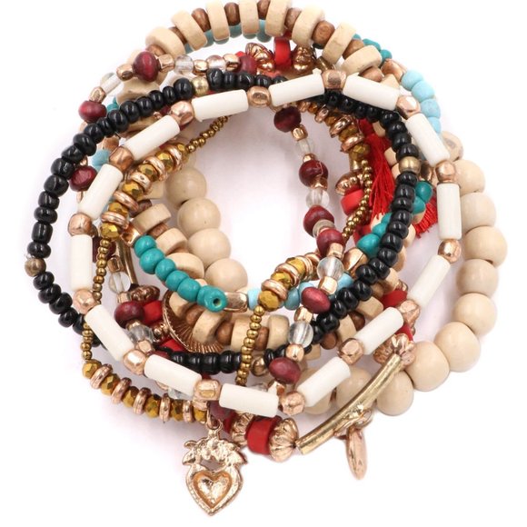 Boho Bracelet Jewelry - Trendy Beaded Wooden Seed Stacked Multi-Layered